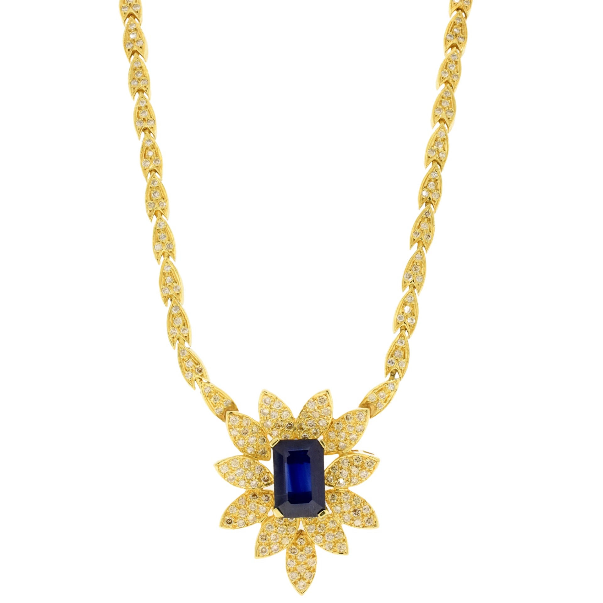 8.98ct. Sapphire Necklace Set in 14K Diamond Encrusted Yellow Gold