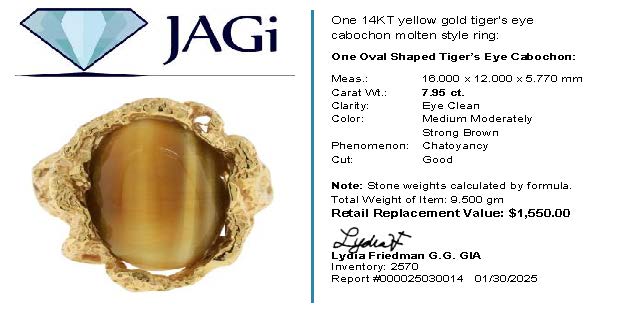 Tiger's Eye Cabachon Estate Ring Set in 14K Yellow Gold