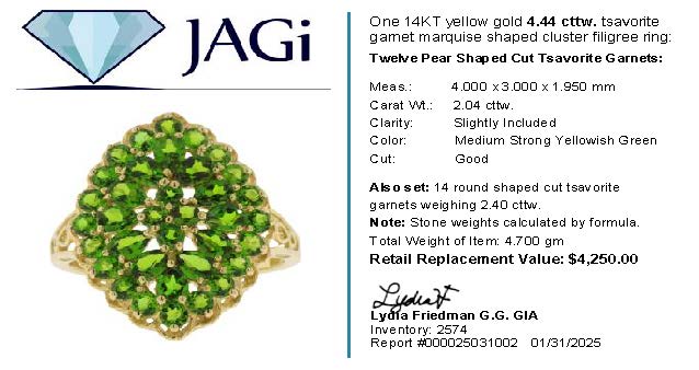 4.44cttw. Green Tsavorite Ring Set in 14K Yellow Gold Sz 10