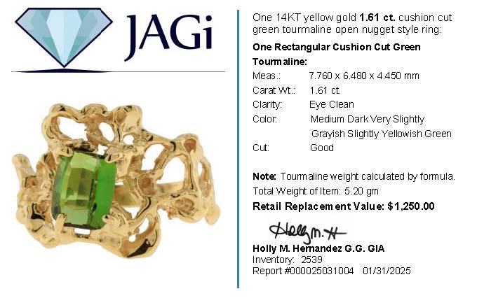 1.61ct. Green Tourmaline Ring Set in 14K Yellow Gold