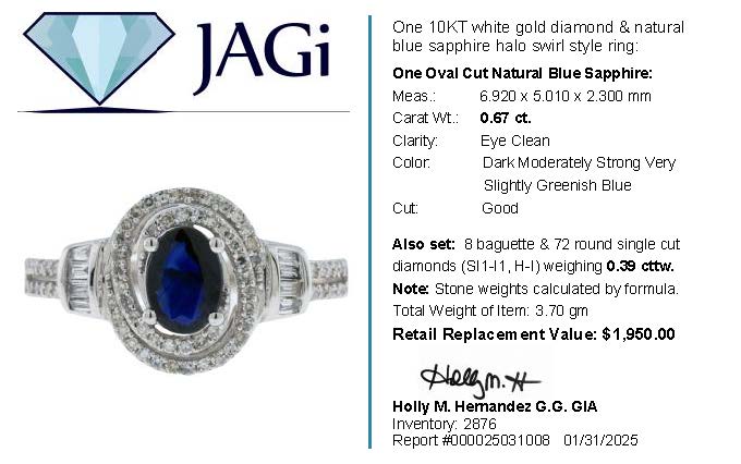 .67ct. Natural Sapphire Set in 10K White Gold Diamond Mounting Sz 7