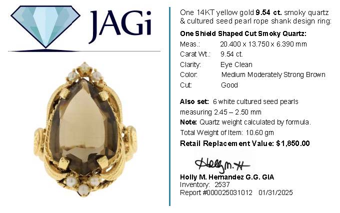 9.54ct. Smoky Quartz Ring Set in 14K Yellow Gold