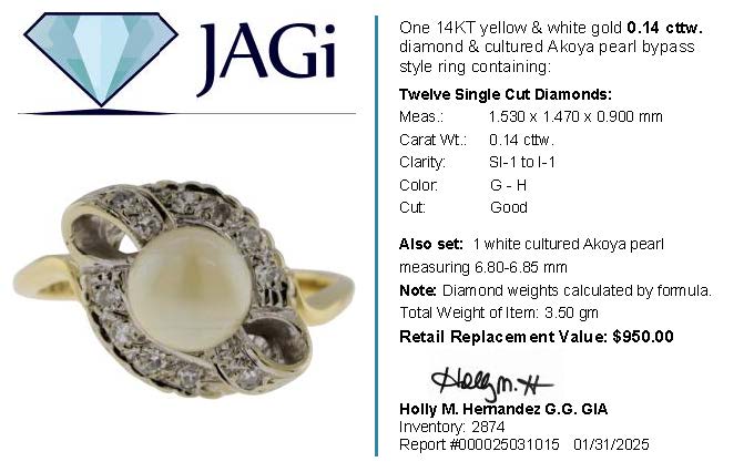 Cultured Akoya Pearl Ring set in 14K Yellow Gold Sz 6