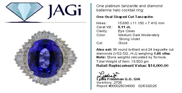 9.11ct. Tanzanite Ballerina Halo Cocktail Ring Set in Platinum