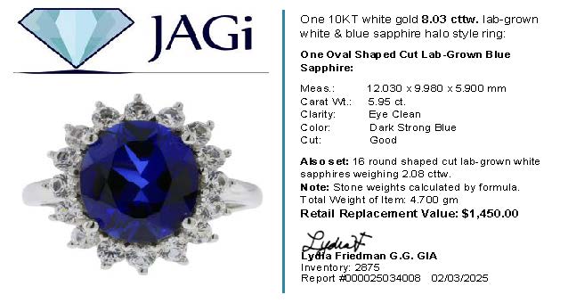 5.95ct. Lab Grown Sapphire Ring Set in 10K White Gold Sz 8