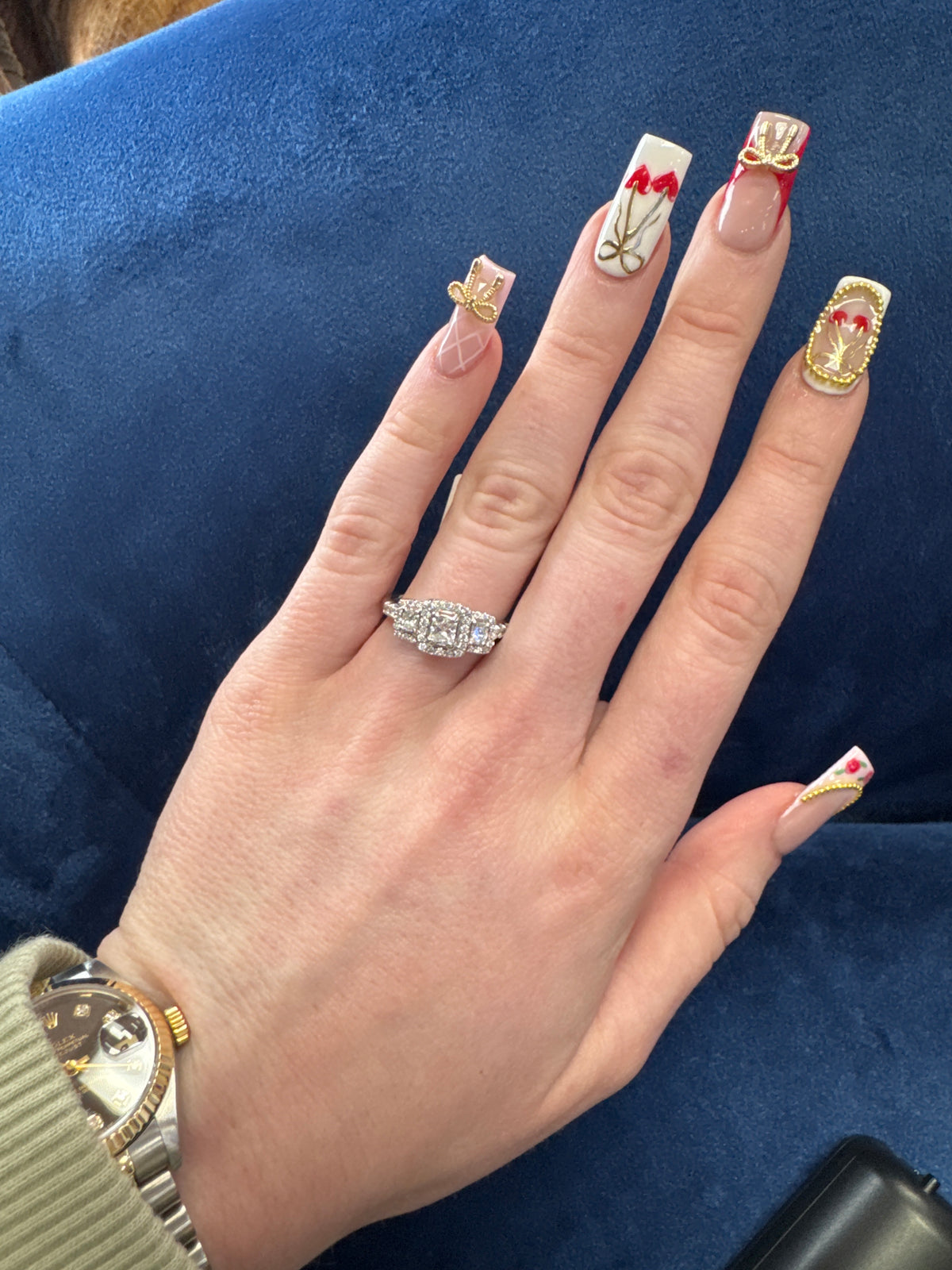 Three Stone Natural Diamond Ring Set in 14K White Gold