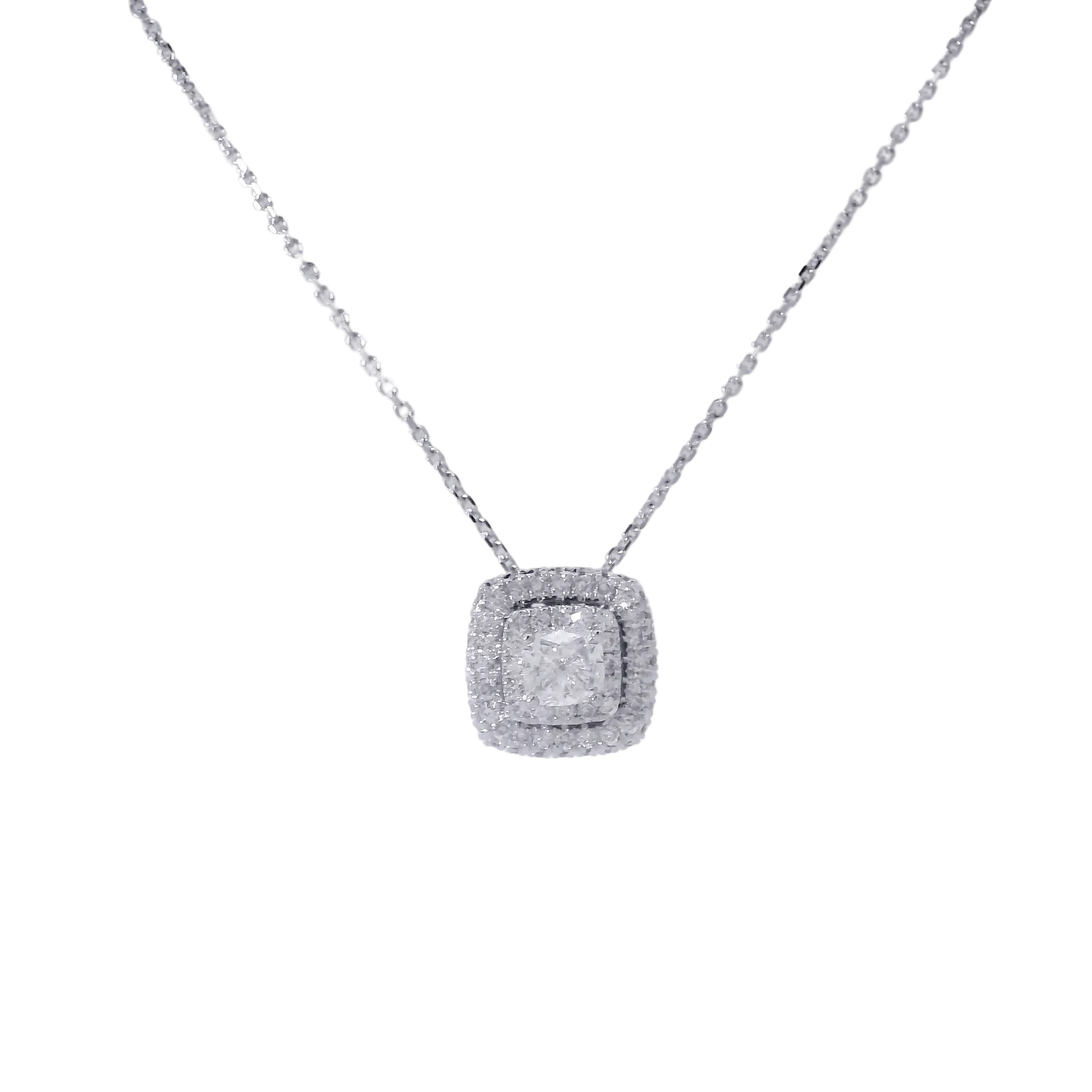 Natural Cushion Cut Diamond in 14K White Gold Double Halo Pendant on 14K White Gold Chain