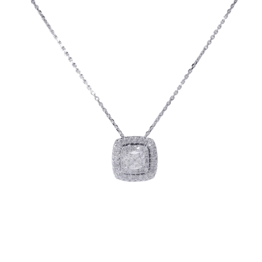 Natural Cushion Cut Diamond in 14K White Gold Double Halo Pendant on 14K White Gold Chain