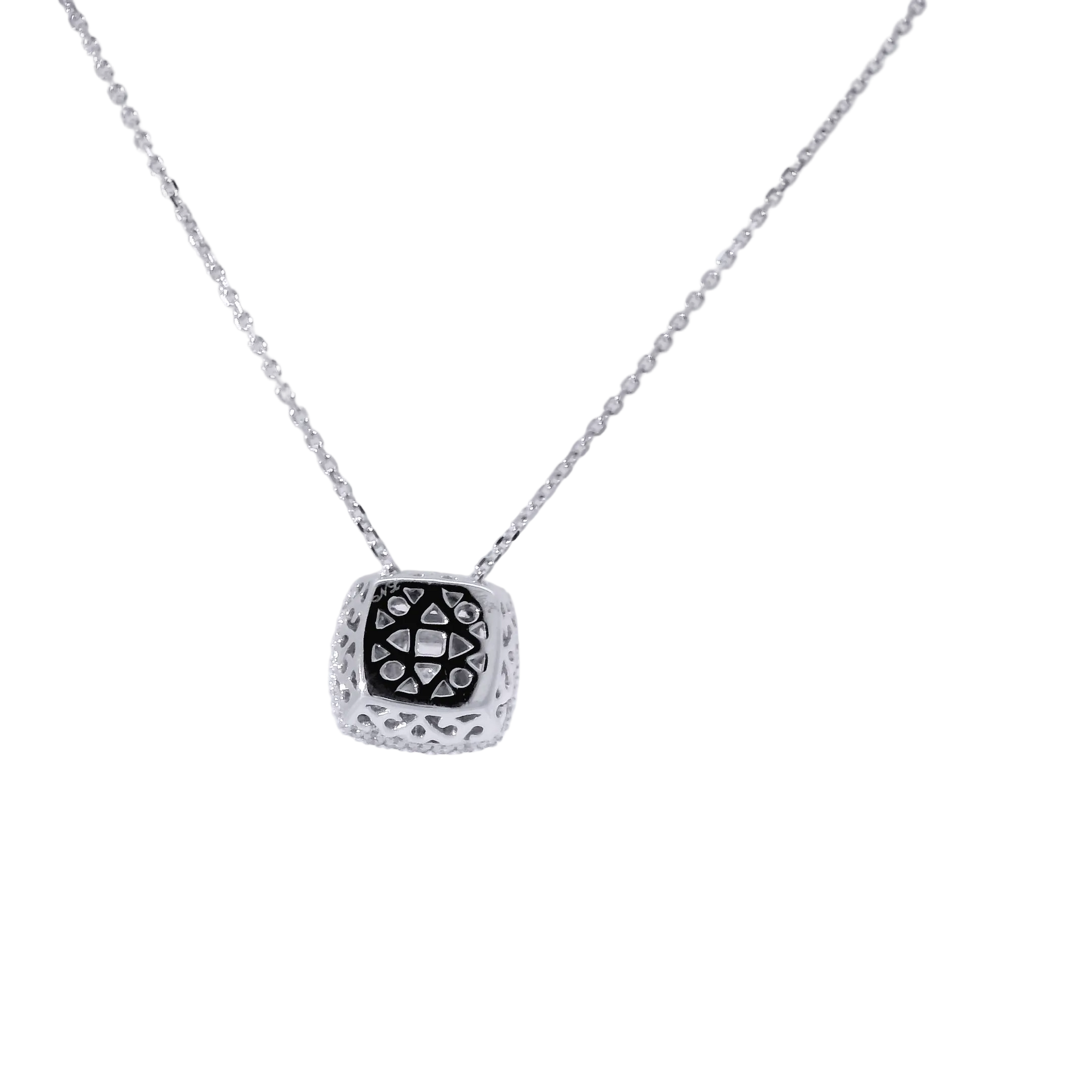 Natural Cushion Cut Diamond in 14K White Gold Double Halo Pendant on 14K White Gold Chain