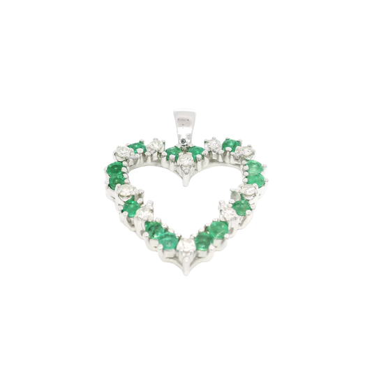 Emerald & Diamond Heart Pendant in 14K White Gold