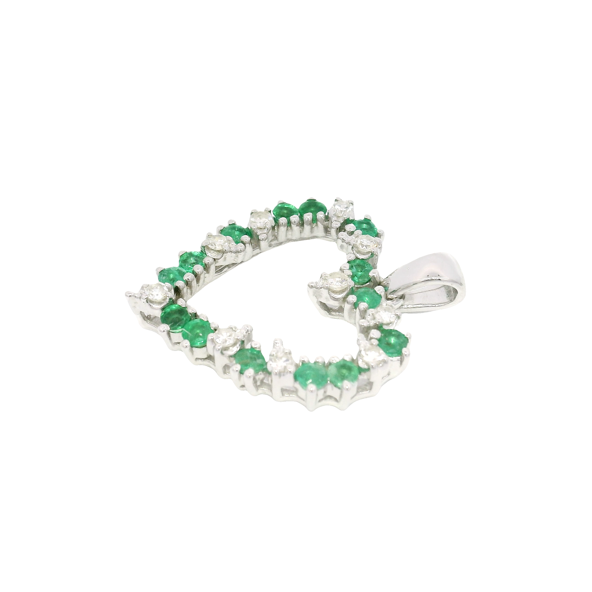 Emerald & Diamond Heart Pendant in 14K White Gold