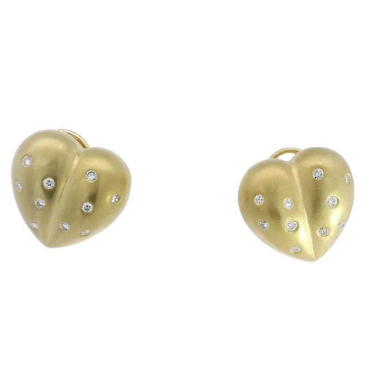 Natural Diamond Puffy Heart Earrings in 14K Yellow Gold