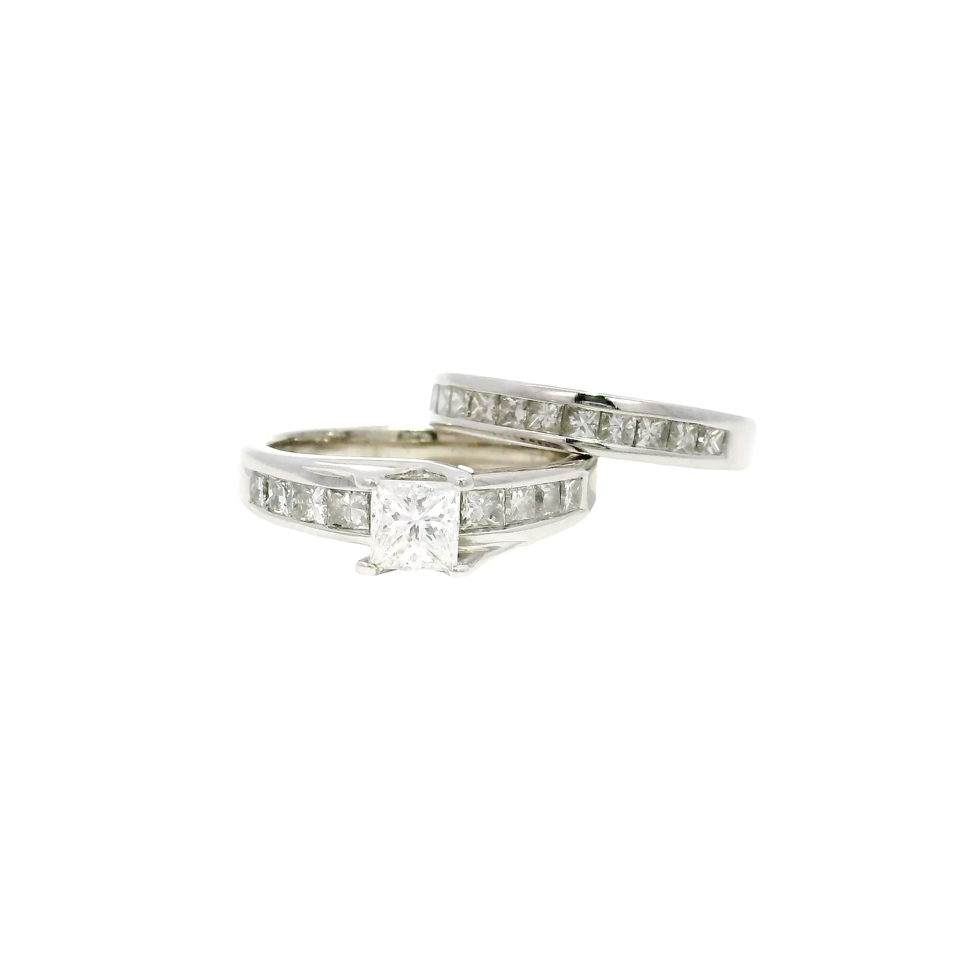 Natural Princess Cut Diamond Enagement Set in 14K White Gold with Matching Band