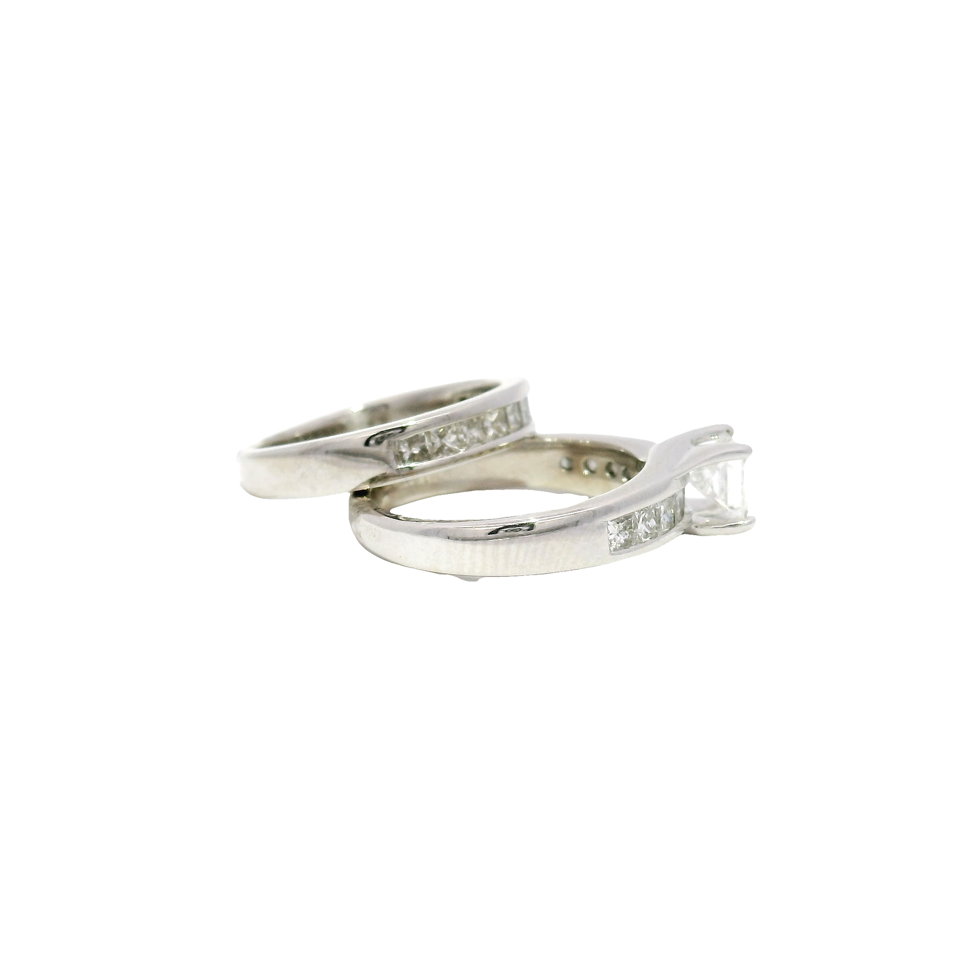 Natural Princess Cut Diamond Enagement Set in 14K White Gold with Matching Band