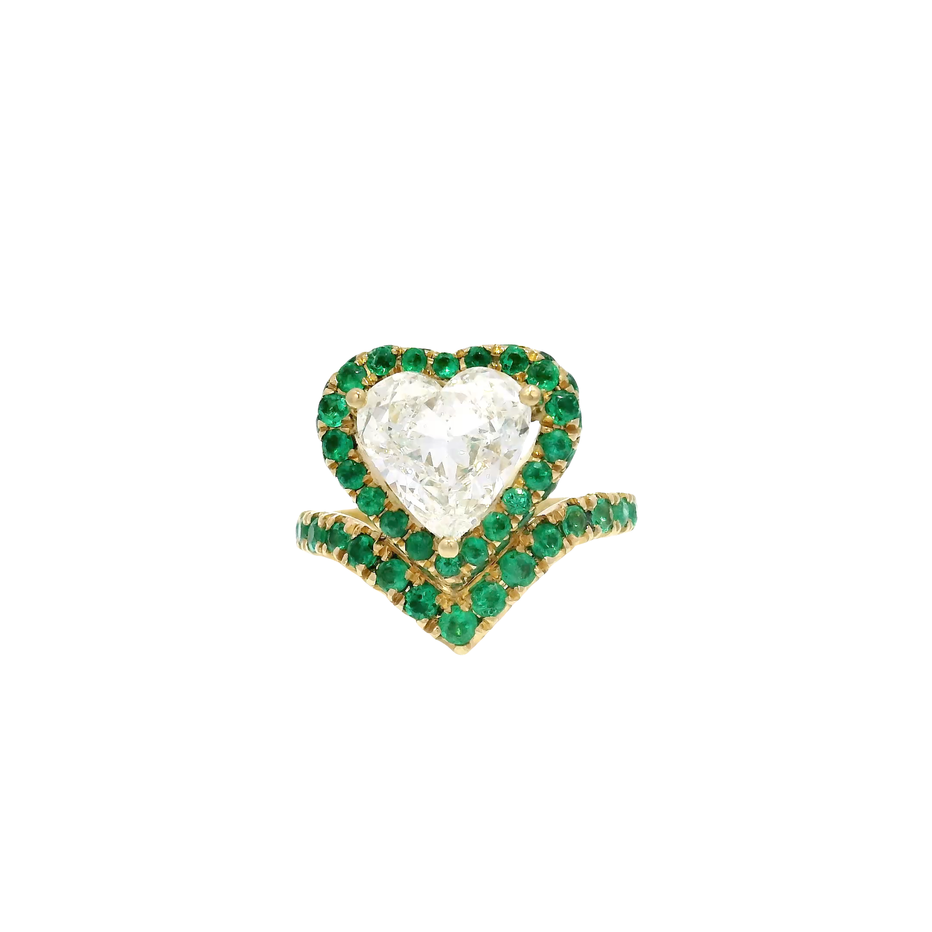 2.01ct. J VS2 GIA Natural Heart Shaped Diamond in 19k Yellow Gold Columbian Emerald Mounting