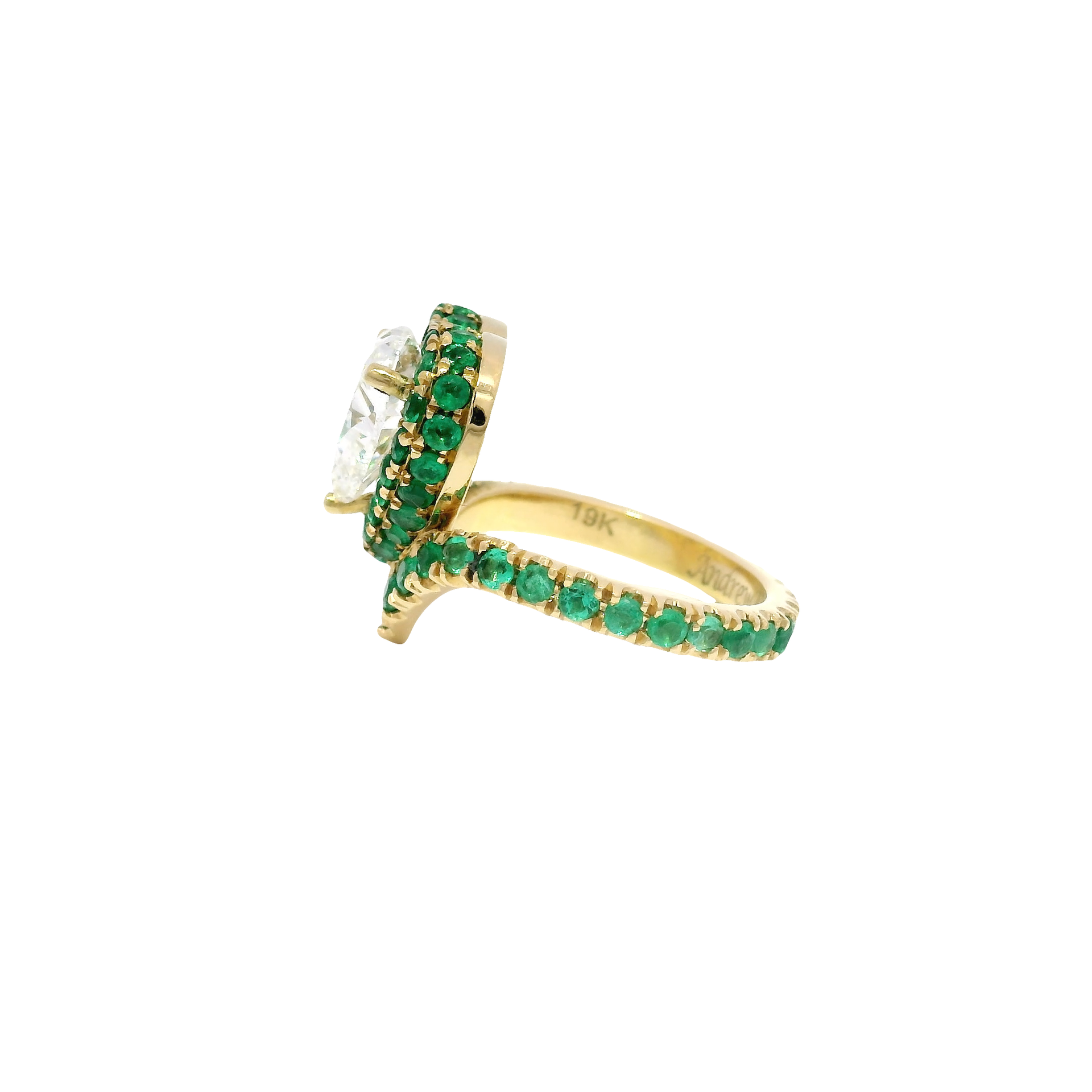2.01ct. J VS2 GIA Natural Heart Shaped Diamond in 19k Yellow Gold Columbian Emerald Mounting