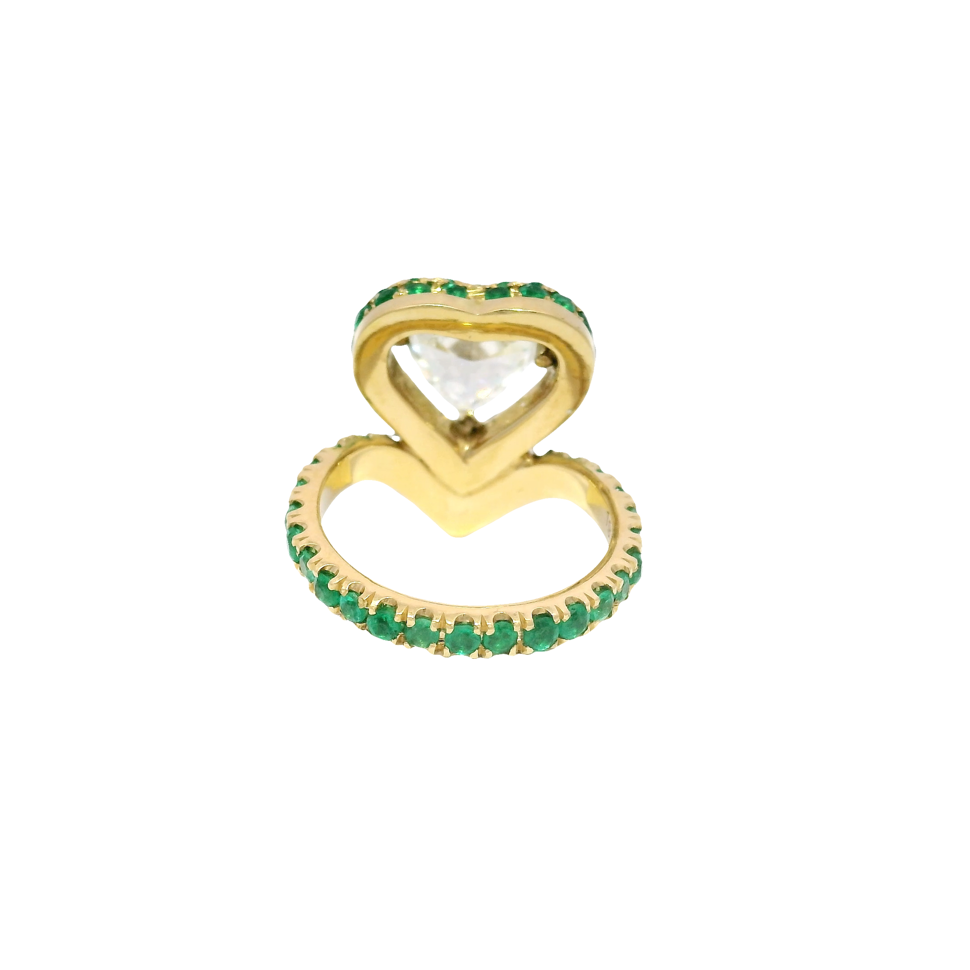 2.01ct. J VS2 GIA Natural Heart Shaped Diamond in 19k Yellow Gold Columbian Emerald Mounting