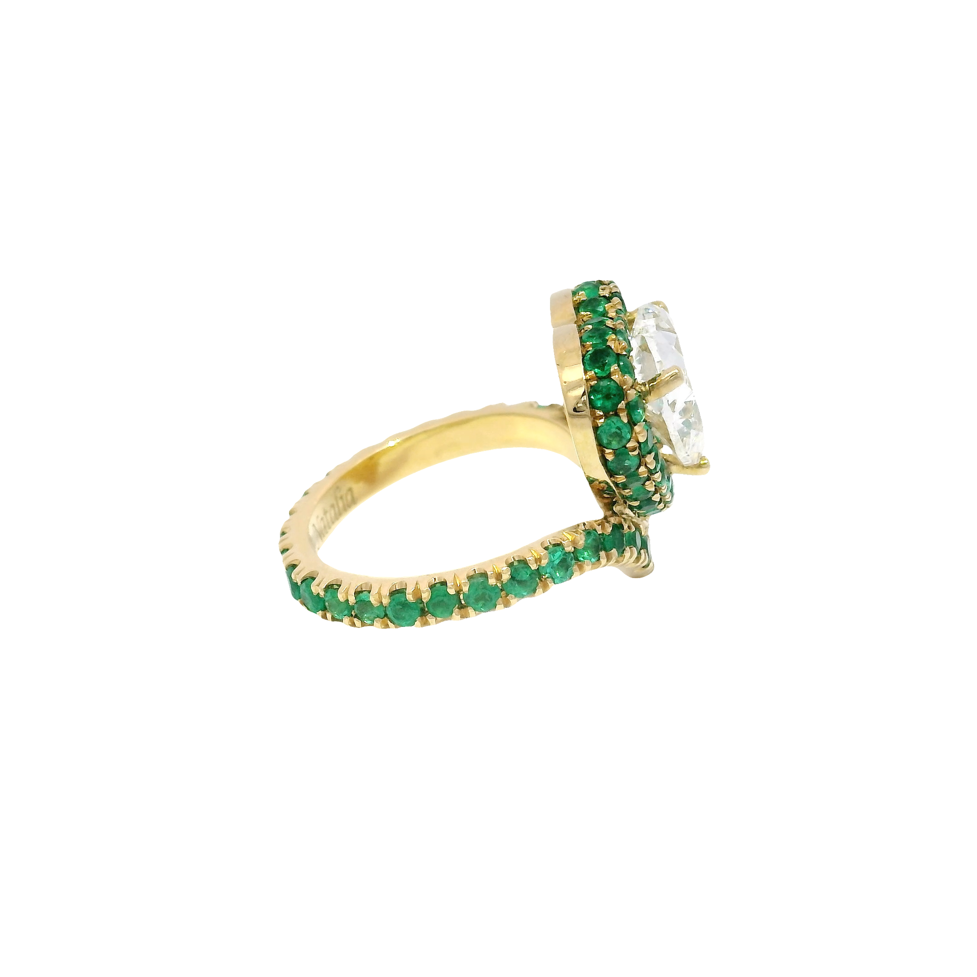 2.01ct. J VS2 GIA Natural Heart Shaped Diamond in 19k Yellow Gold Columbian Emerald Mounting