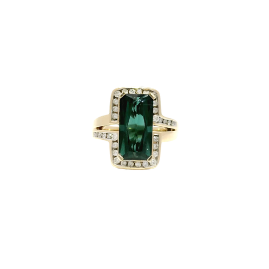 Radiant Cut Green Tourmaline Bypass Style Ring in 14K Yellow Gold