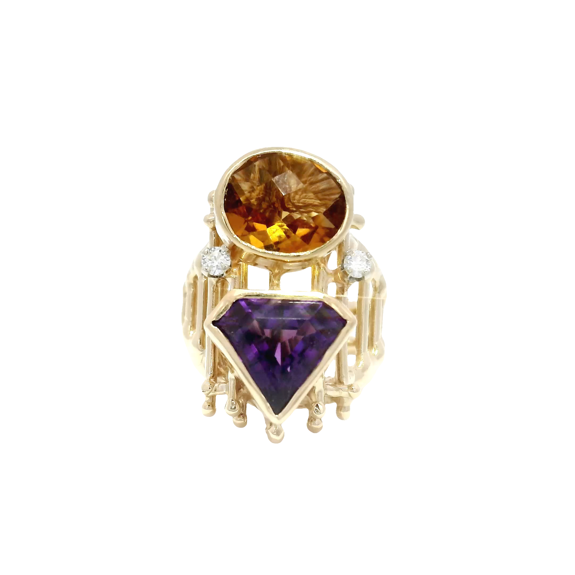 Amethyst & Citrine Ornate Style Fashion Ring in 14K Yellow Gold