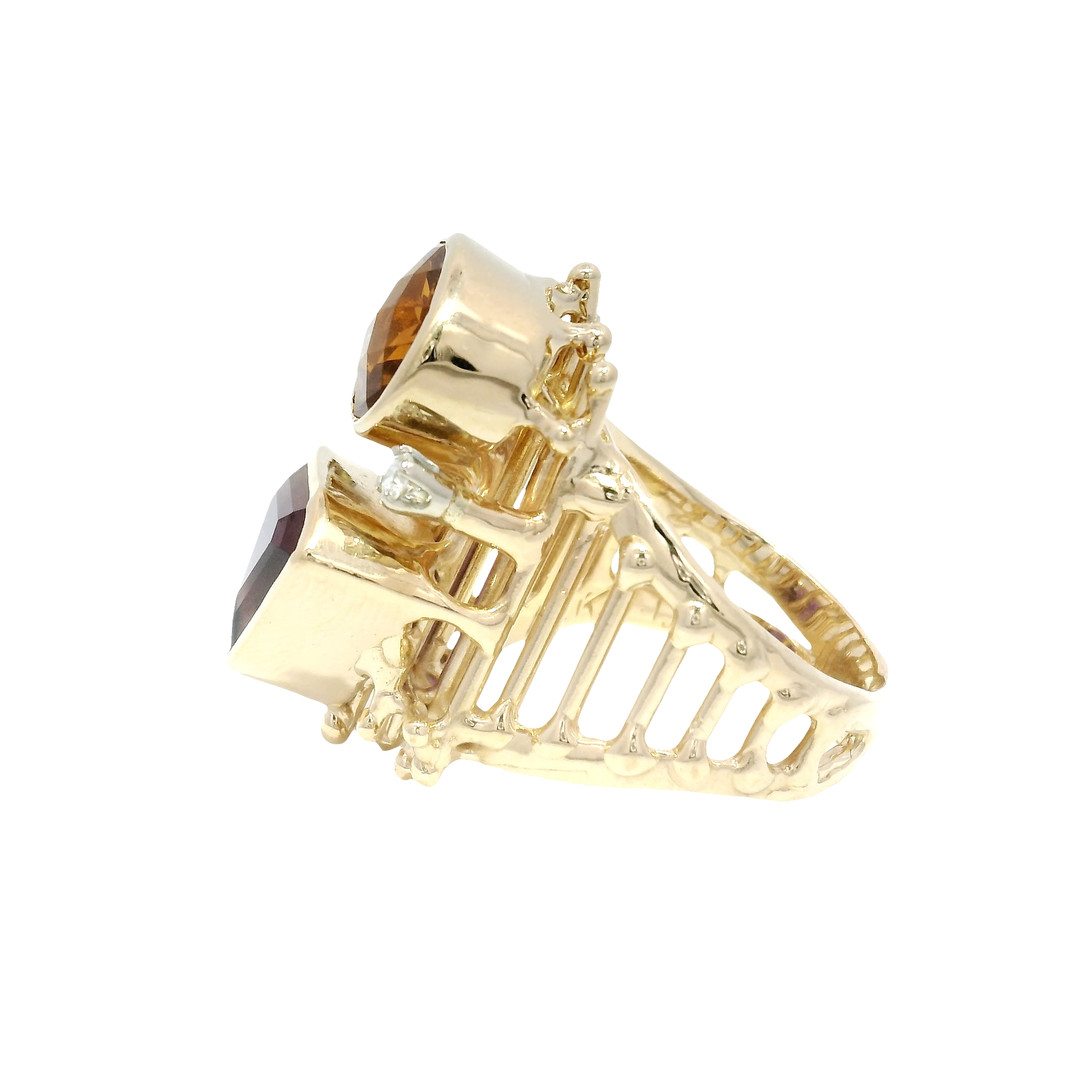 Amethyst & Citrine Ornate Style Fashion Ring in 14K Yellow Gold