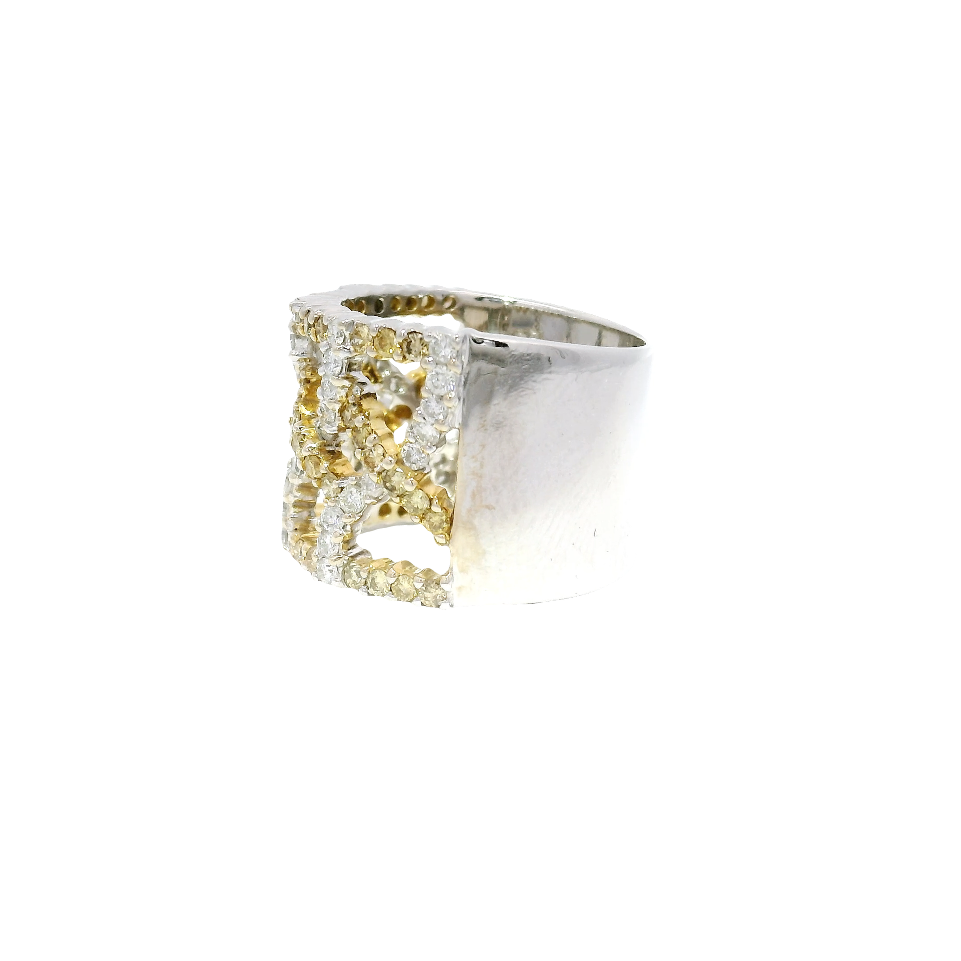 White & Fancy Yellow Natural Diamond Crisscross Style Wide Band in 18K White Gold