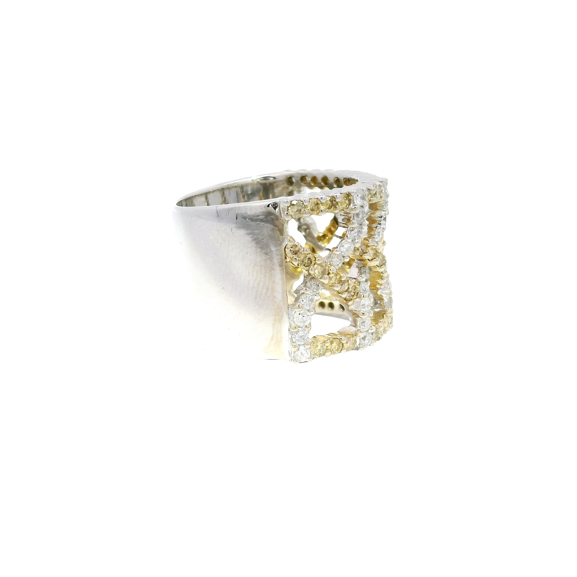 White & Fancy Yellow Natural Diamond Crisscross Style Wide Band in 18K White Gold