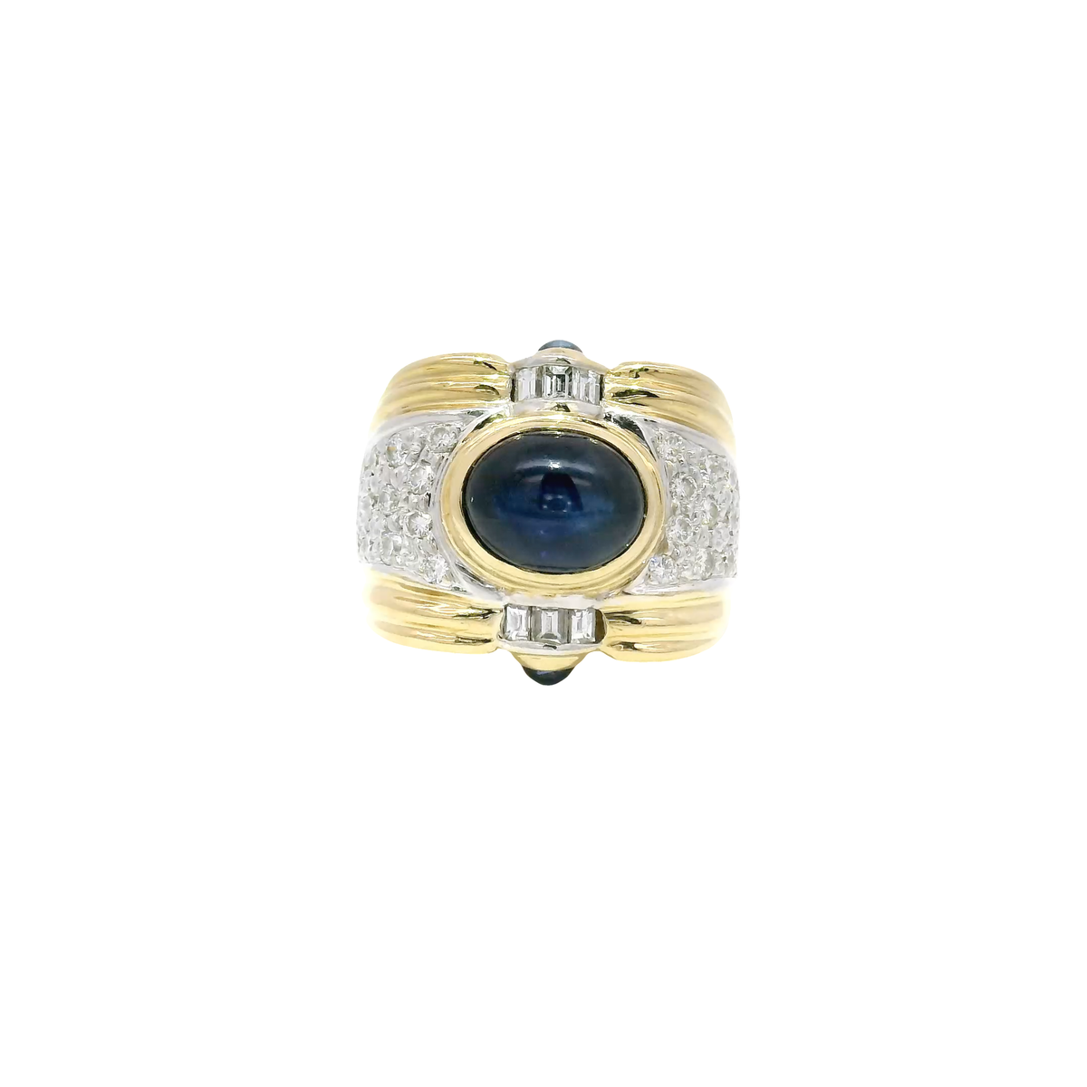 Natural Blue Sapphire Oval Cabochon With Natural Diamond Accents in 18K Yellow Gold Sz 7