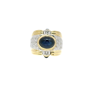 Natural Blue Sapphire Oval Cabochon With Natural Diamond Accents in 18K Yellow Gold Sz 7