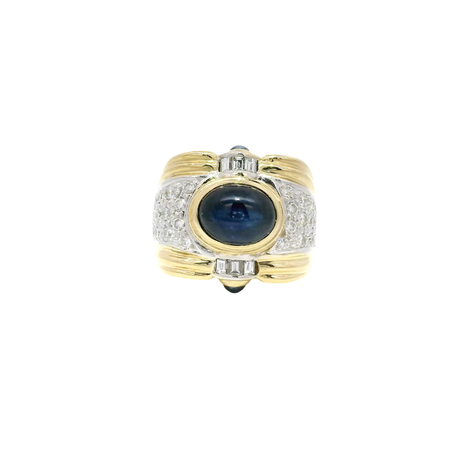Natural Blue Sapphire Oval Cabochon With Natural Diamond Accents in 18K Yellow Gold