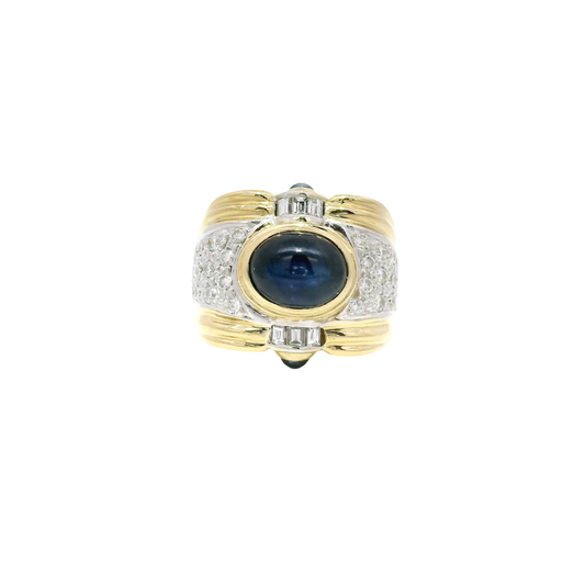 Natural Blue Sapphire Oval Cabochon With Natural Diamond Accents in 18K Yellow Gold