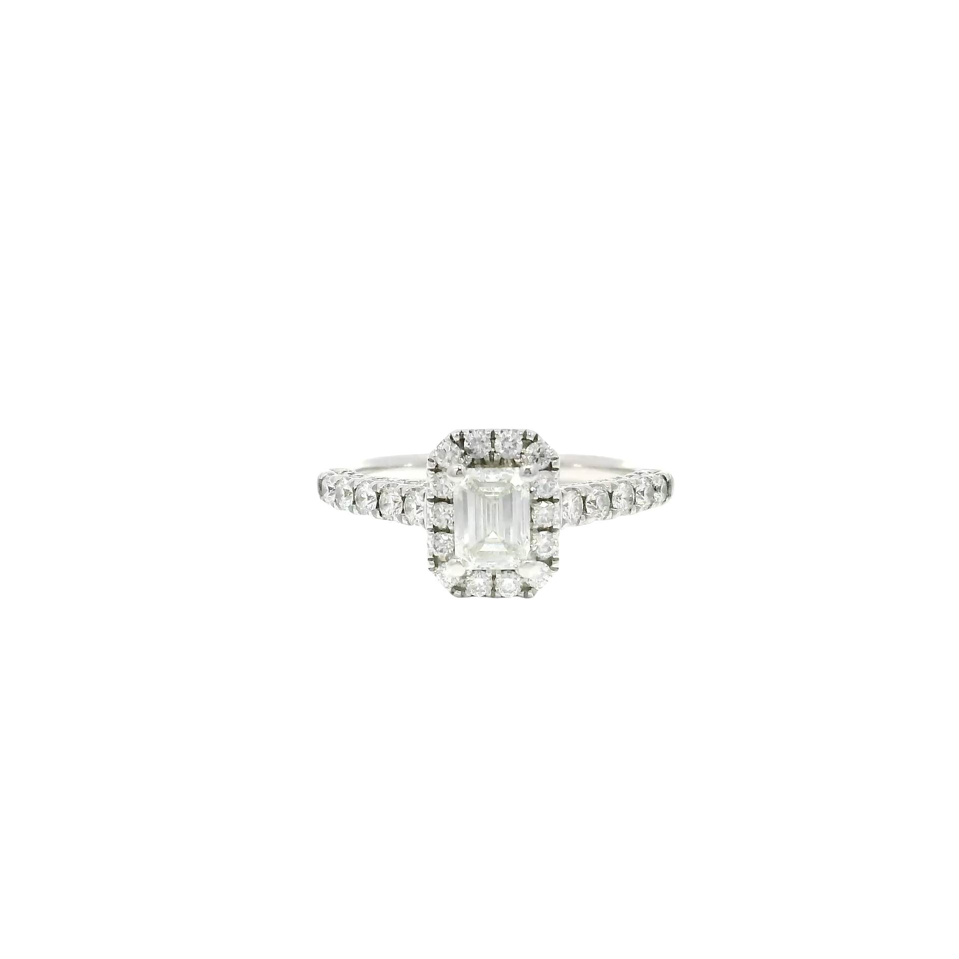 Natural Emerald Cut Diamond Engagement Ring in 14K White Gold Diamond Halo Mounting