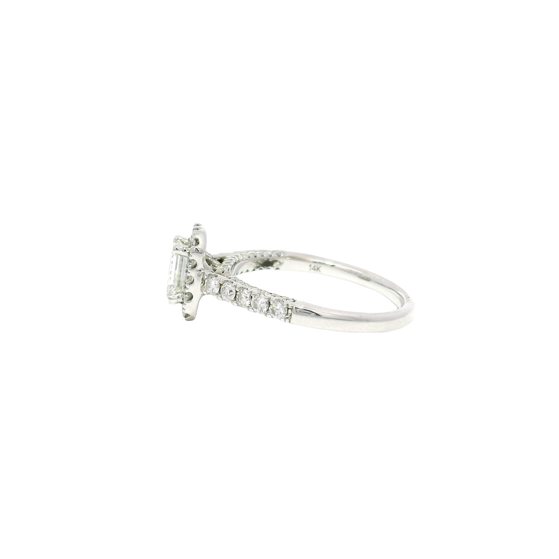 Natural Emerald Cut Diamond Engagement Ring in 14K White Gold Diamond Halo Mounting