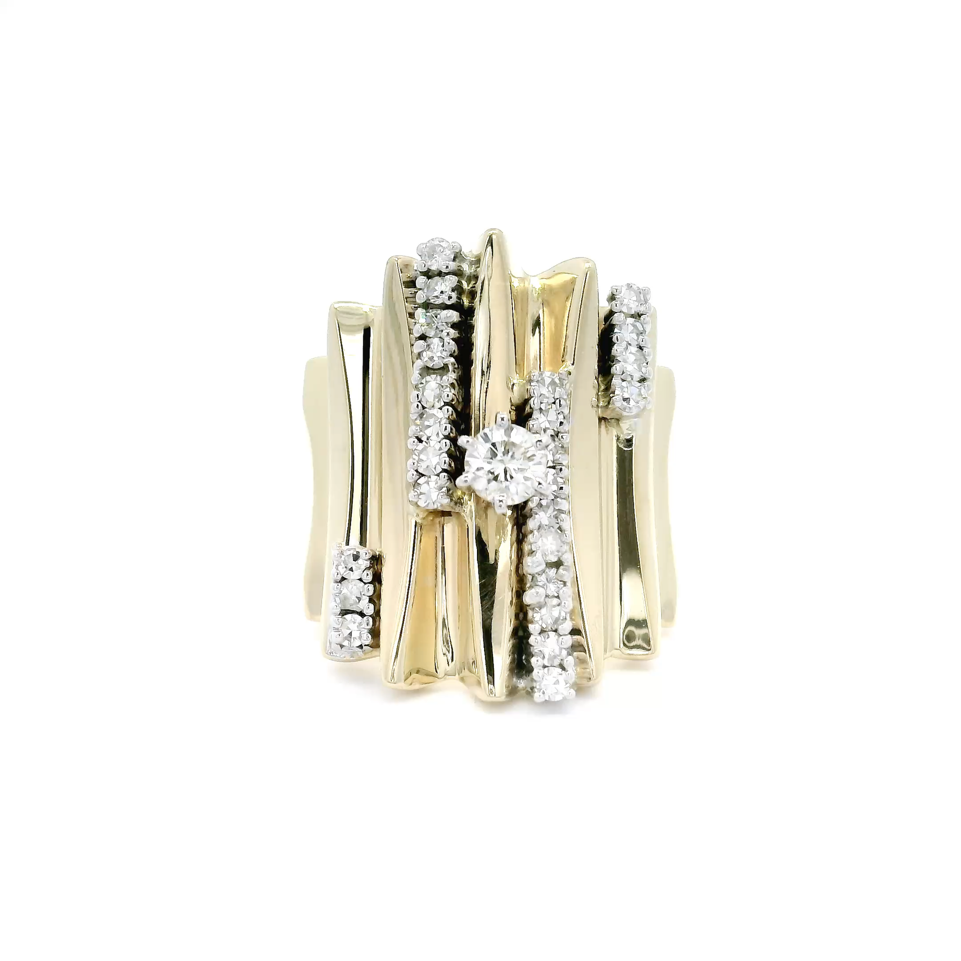 Multi Row Natural Diamond Architectural Statement Ring in 14K Yellow Gold