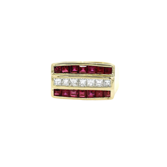 Men's Ruby & Diamond Ring in 18K Yellow Gold Euro Shank