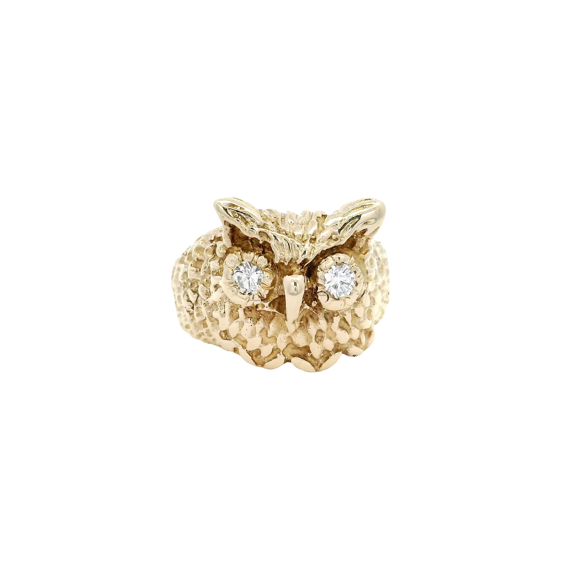 Owl Ring Featuring Natural Diamond Eyes Set in 10K Yellow Gold