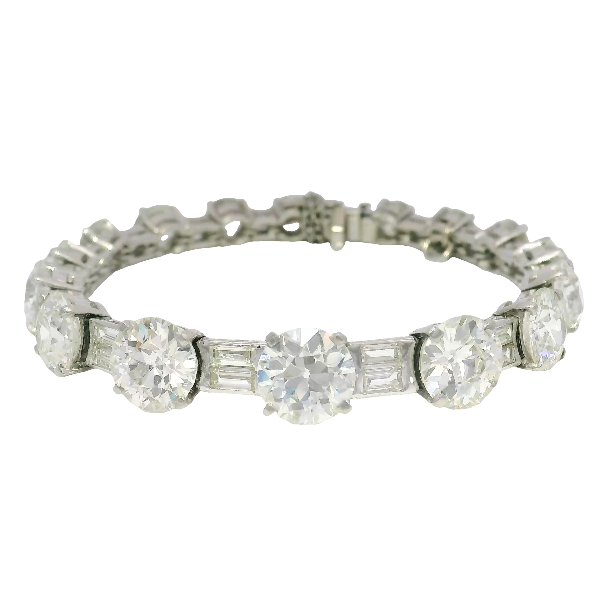 30cttw. Natural Old Mine Cut Round & Baguette Diamond Bracelet in Platinum