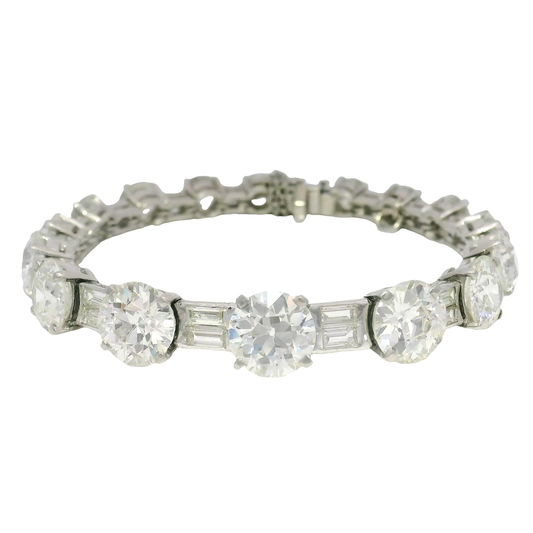 30cttw. Natural Old Mine Cut Round & Baguette Diamond Bracelet in Platinum