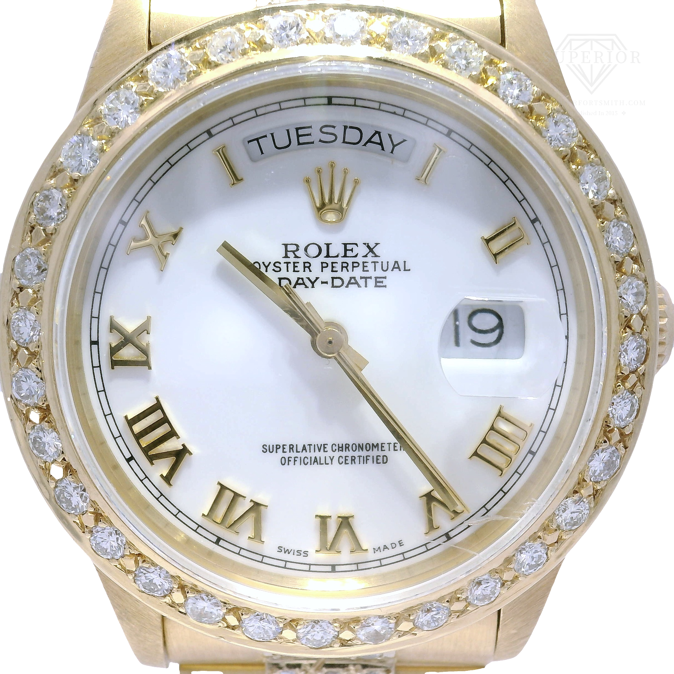 36mm Rolex President in Solid 18K Yellow Gold Featuring Large Diamond Bezel & Diamond Center Links