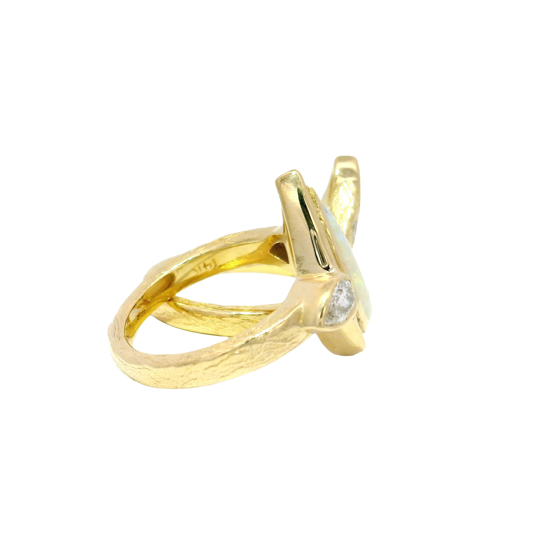 Pear Shape Opal Set in 14K Yellow Gold Mounting with Diamond Accents and Matching Band (Opal is Cracked) Sz 5.5
