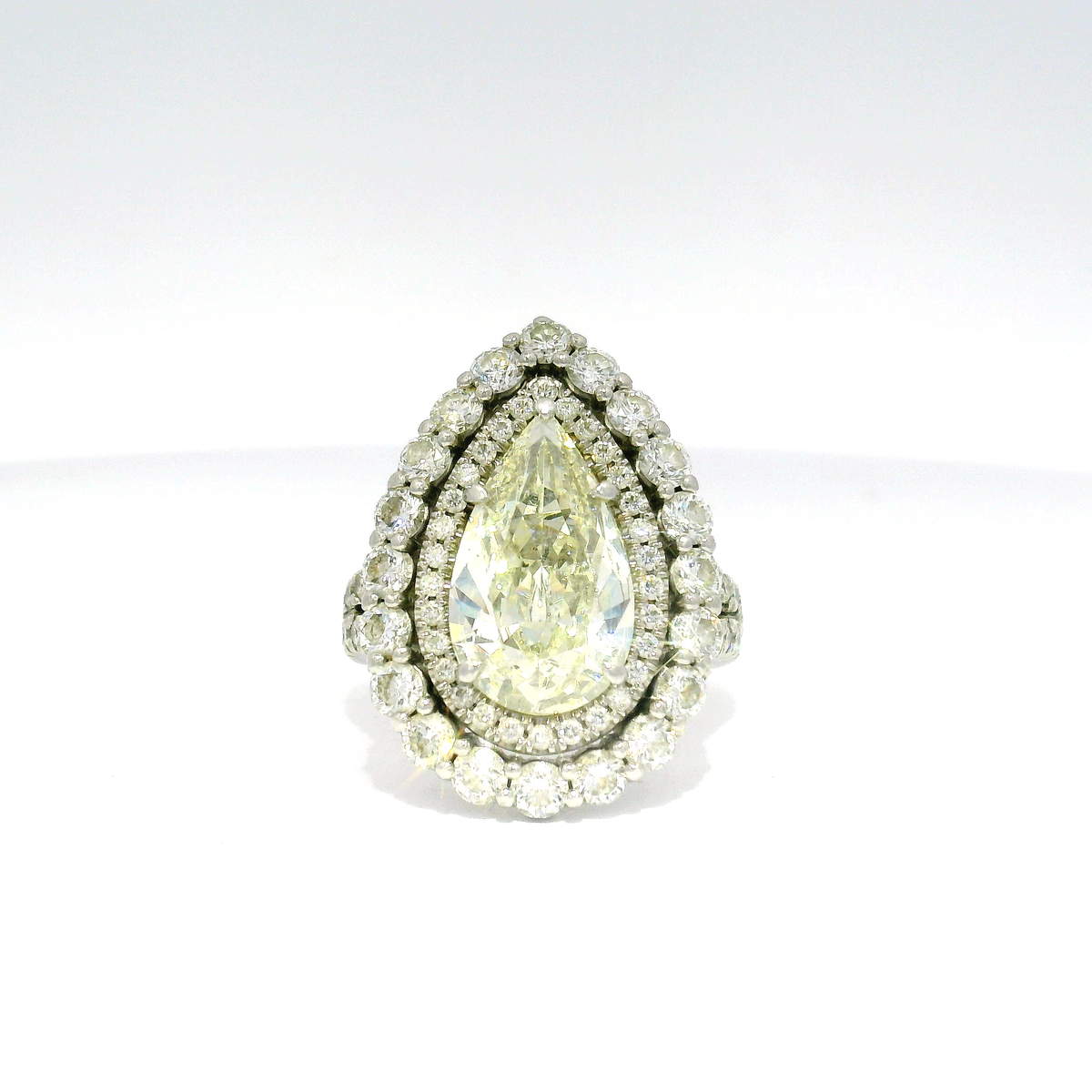 3.37ct. Pear Shape Platinum Engagement Ring in Double Halo Split Shank Totalling 5.24cts. of Natural Diamonds — Size 6.5