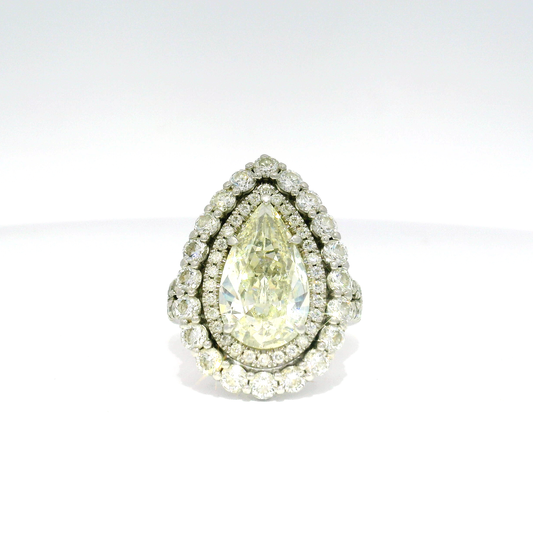 3.37ct. Pear Shape Platinum Engagement Ring in Double Halo Split Shank Totalling 5.24cts. of Natural Diamonds — Size 6.5