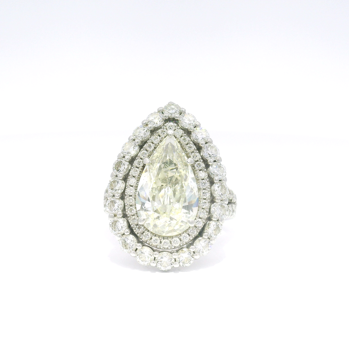 3.37ct. Pear Shape Platinum Engagement Ring in Double Halo Split Shank Totalling 5.24cts. of Natural Diamonds — Size 6.5