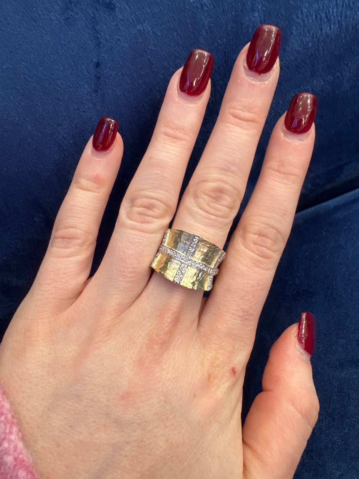 Textured 14K Yellow Gold Geometric Statement Ring Feautring Natural Diamonds Sz 8