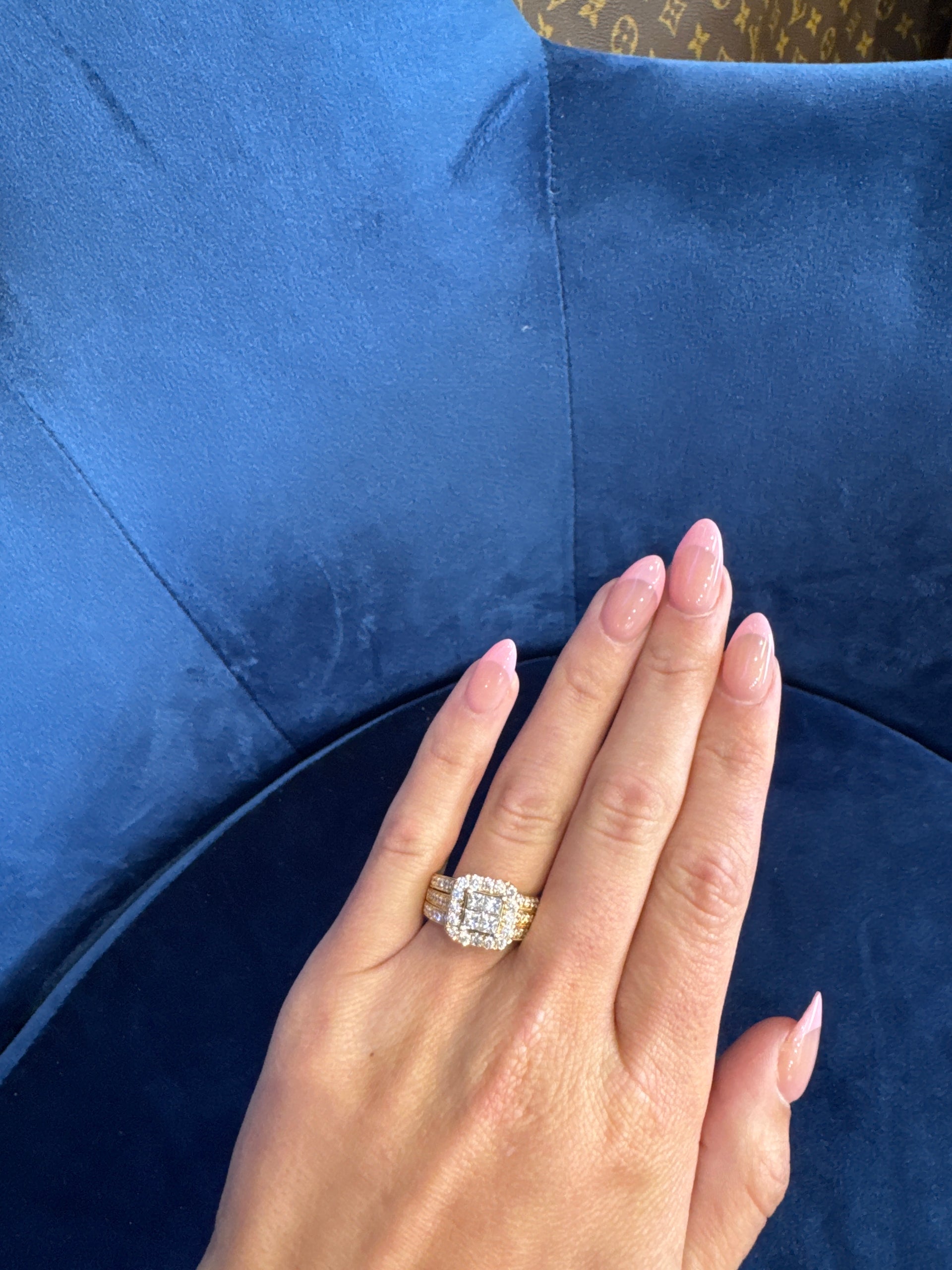 Natural Quad Set Engagement Ring in Halo with Matching Guard Set in 14K Yellow Gold