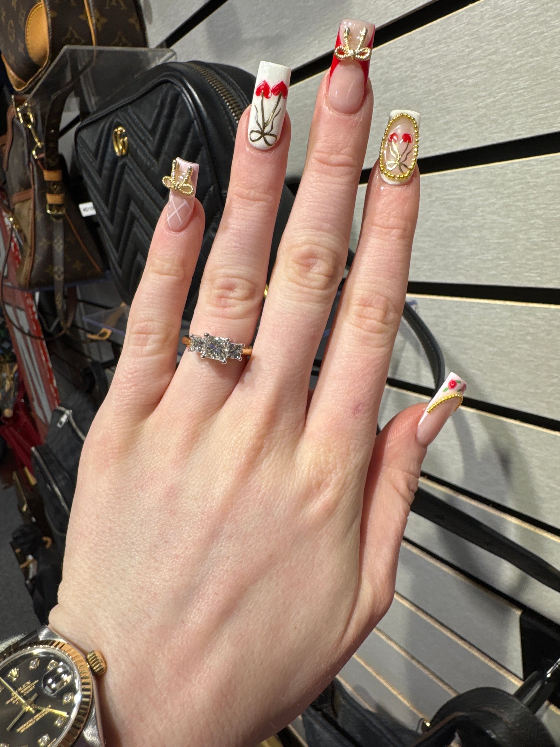1.92cttw. Three Stone Natural Princess Engagement Set in 14K Yellow Gold