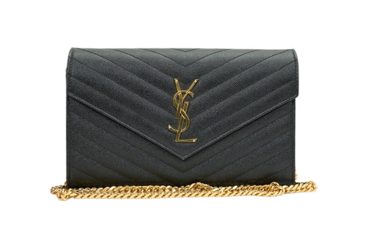 YSL Saint Laurent Cassandre Envelope Chain Wallet in Black Lambskin