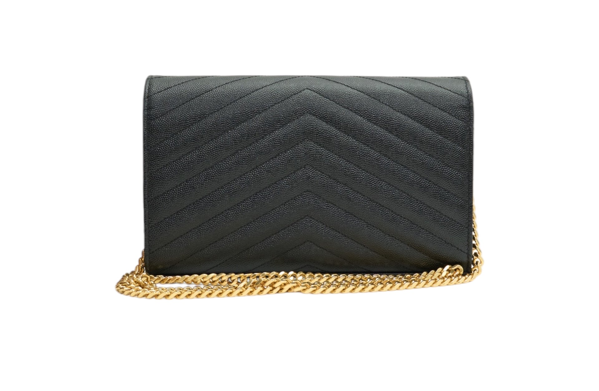 YSL Saint Laurent Cassandre Envelope Chain Wallet in Black Lambskin