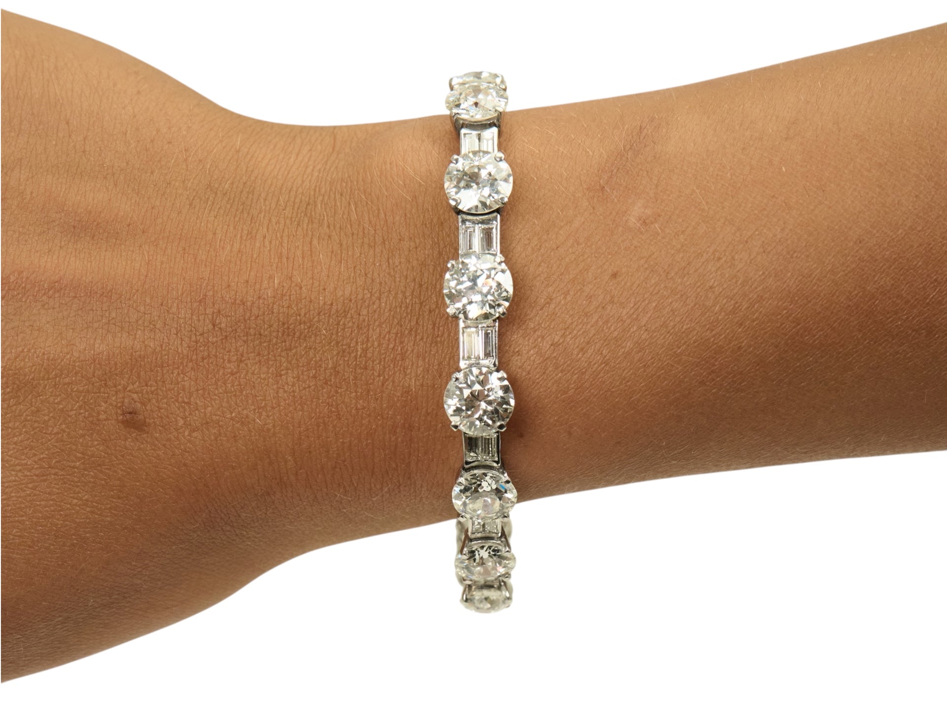 30cttw. Natural Old Mine Cut Round & Baguette Diamond Bracelet in Platinum
