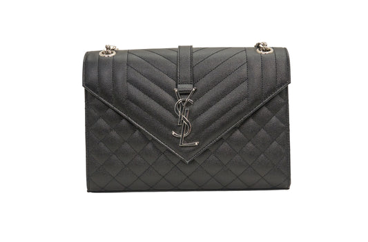 YSL Medium Envelope Black Quilted Embossed Leather